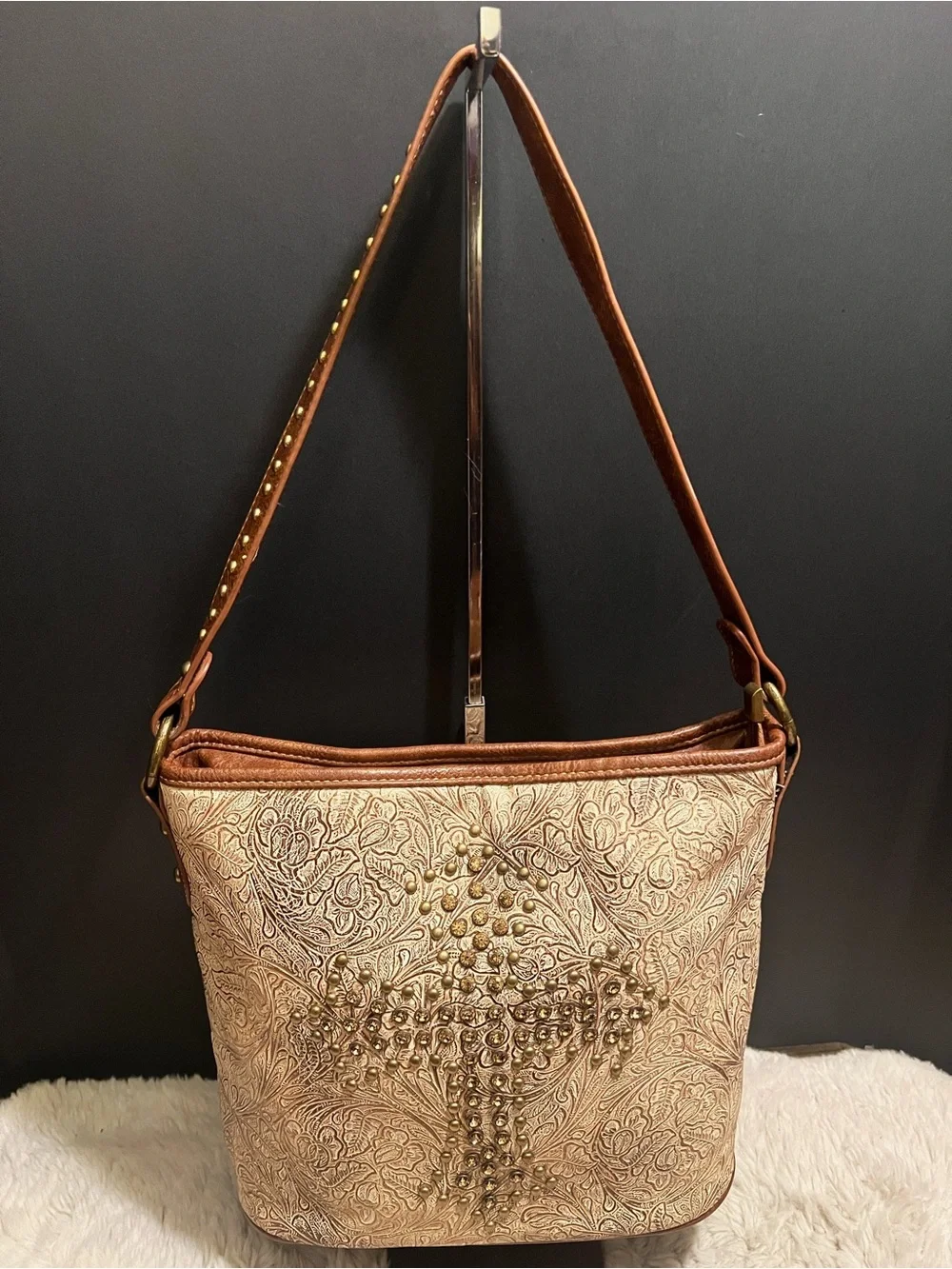 Montana West Tan and Cream Floral Embossed Western Shoulder Bag with Stud Cross
